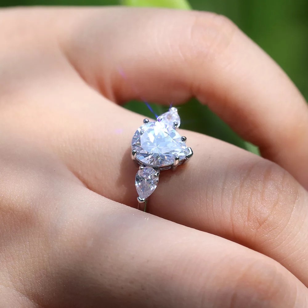 New 925 Silver Three Water Drop Romantic Diamond Ring